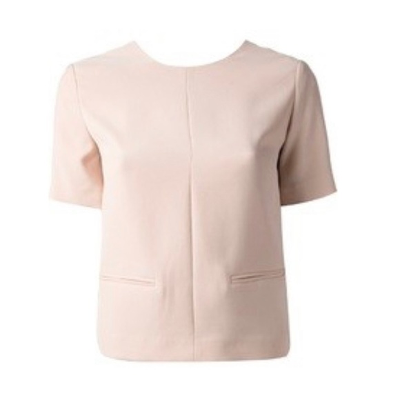 T By Alexander Wang Beige Welt Pocket Detail Short Sleeve Blouse Low V Back 4 - Picture 1 of 9